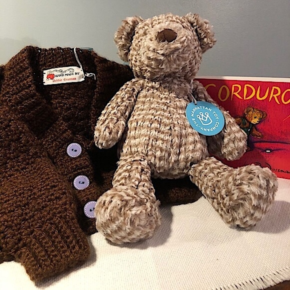 Handmade Crochet Baby Sweater, Manhattan Bear Rowan, & Corduroy Board Book NWT